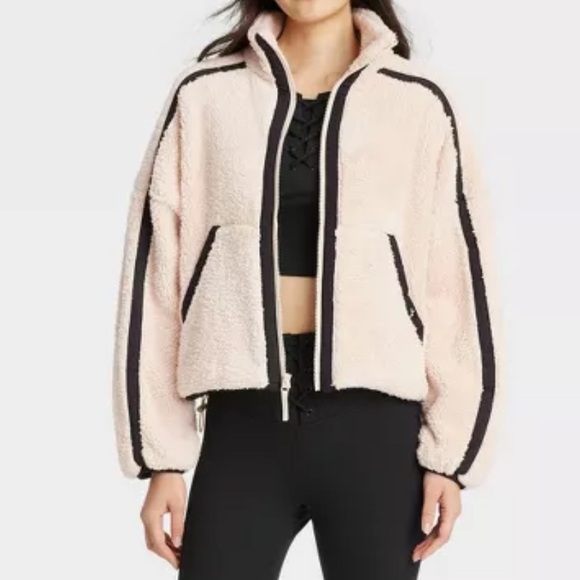 JoyLab Jackets & Blazers - JoyLab Piped High Pile Fleece Jacket Cream